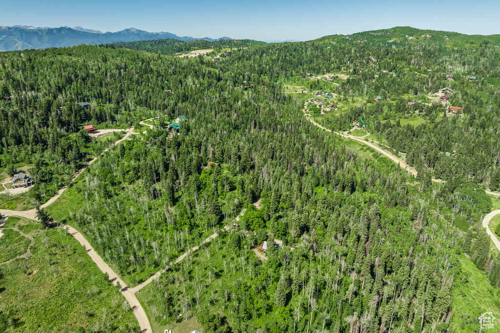 View of property location featuring a heavily wooded area and a mountainous background