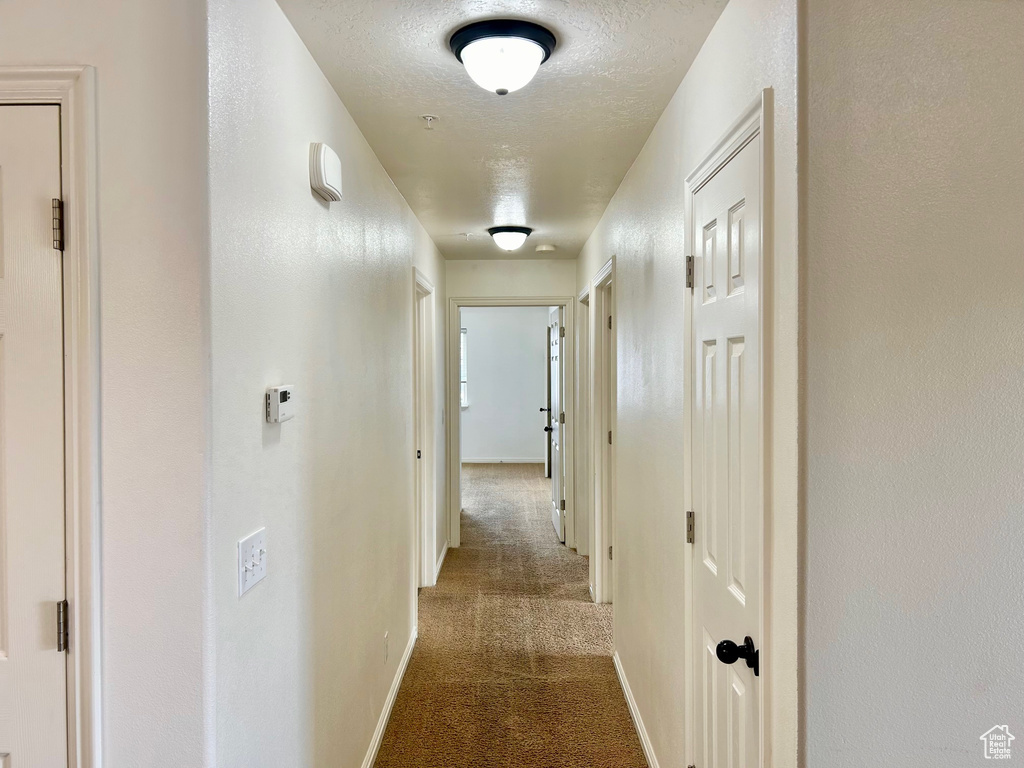 Hallway featuring dark carpet and a textured ceiling