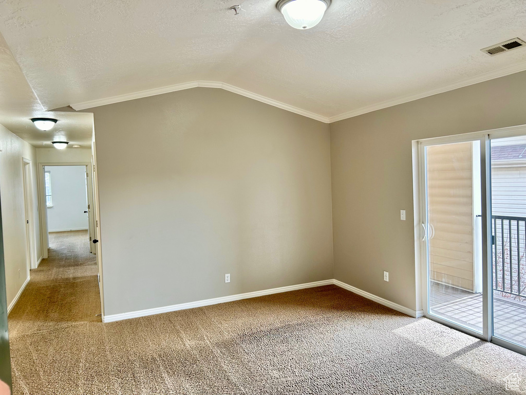 Unfurnished room with carpet floors, plenty of natural light, ornamental molding, vaulted ceiling, and a textured ceiling