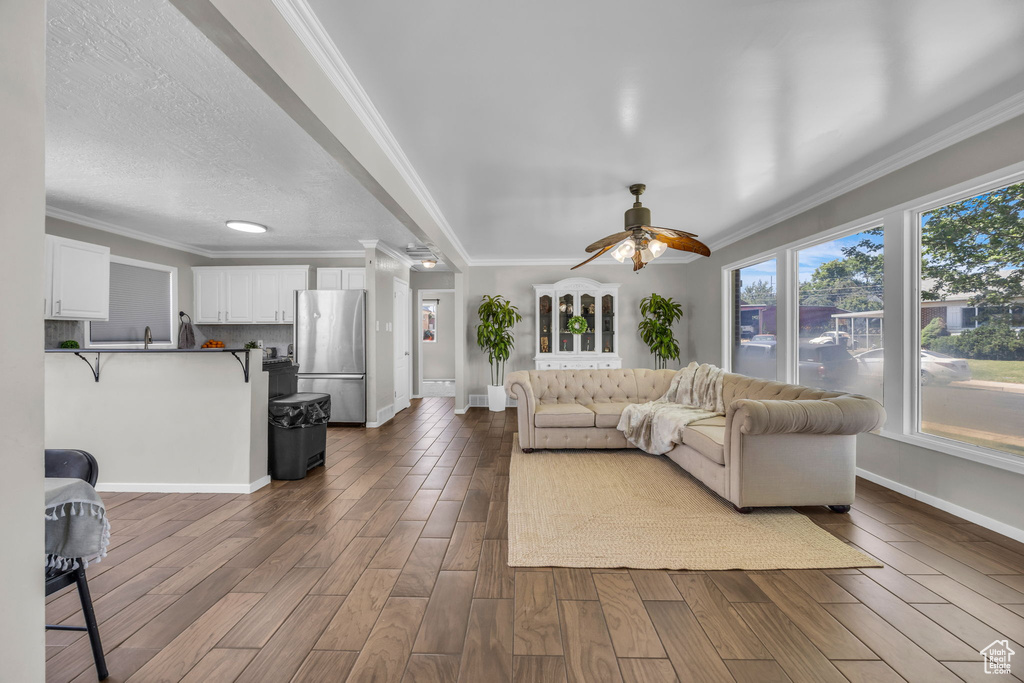Living area featuring dark wood-style floors, a ceiling fan, and ornamental molding