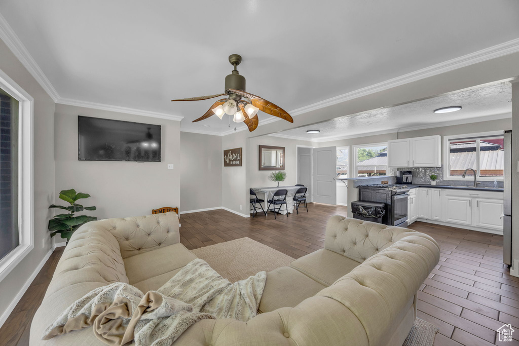 Living room featuring ornamental molding, dark wood-type flooring, and a ceiling fan