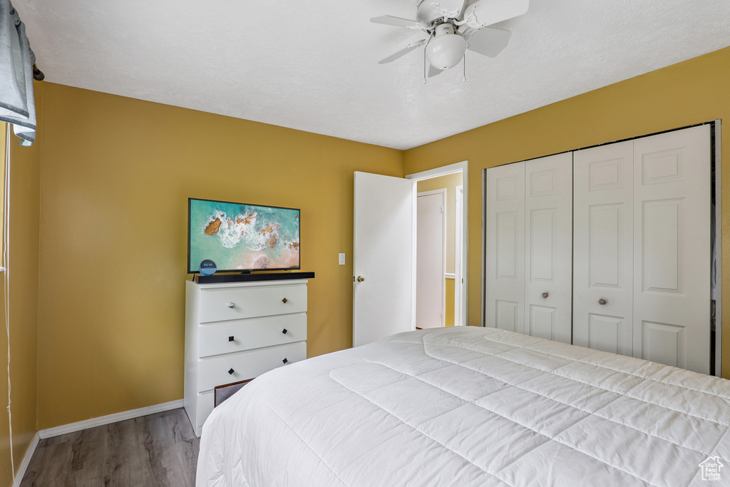 Bedroom with wood finished floors, a closet, and ceiling fan