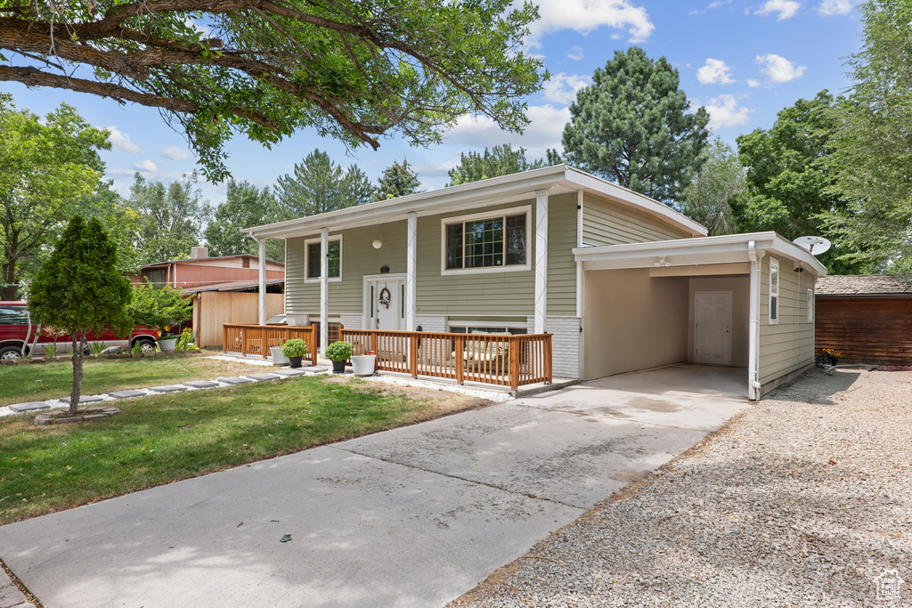 Split foyer home with driveway, an attached carport, and a front lawn
