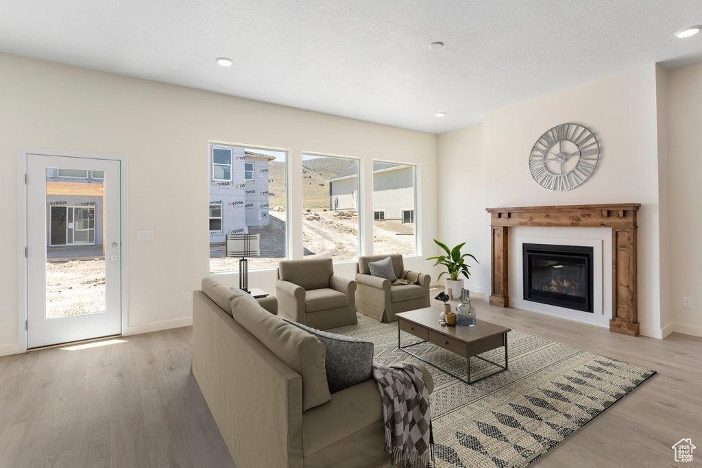 Living room featuring light wood-style floors, a glass covered fireplace, and recessed lighting