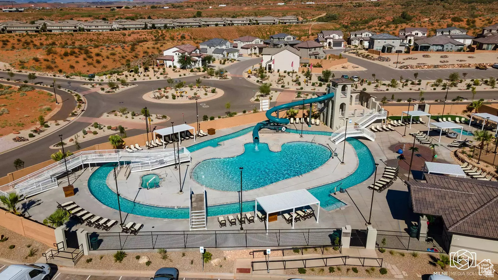 Aerial view of residential area with a pool