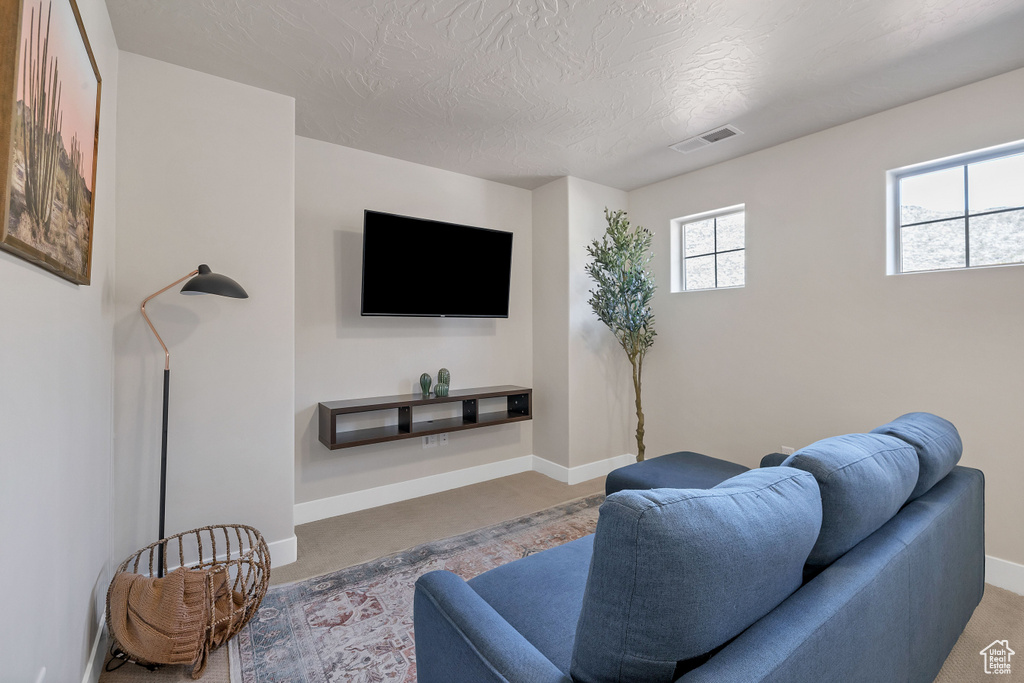 Living area with baseboards and a textured ceiling