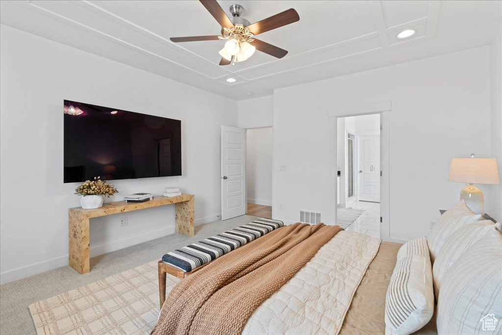 Bedroom with recessed lighting, carpet flooring, a ceiling fan, and ensuite bath