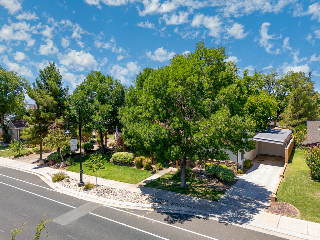 Obstructed view of property with driveway, a carport, and a front yard