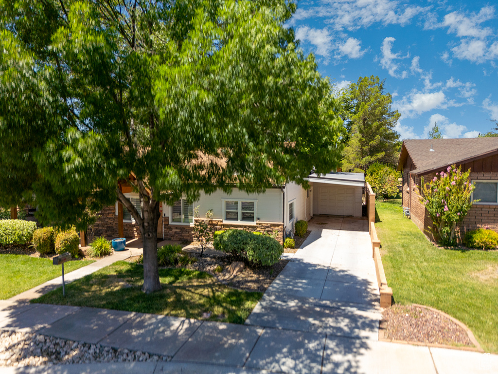 View of property hidden behind natural elements featuring concrete driveway, a front lawn, and stone siding
