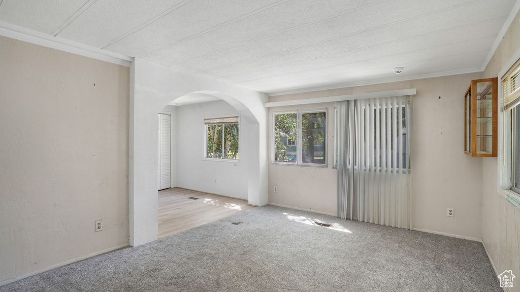 Carpeted empty room with arched walkways and ornamental molding