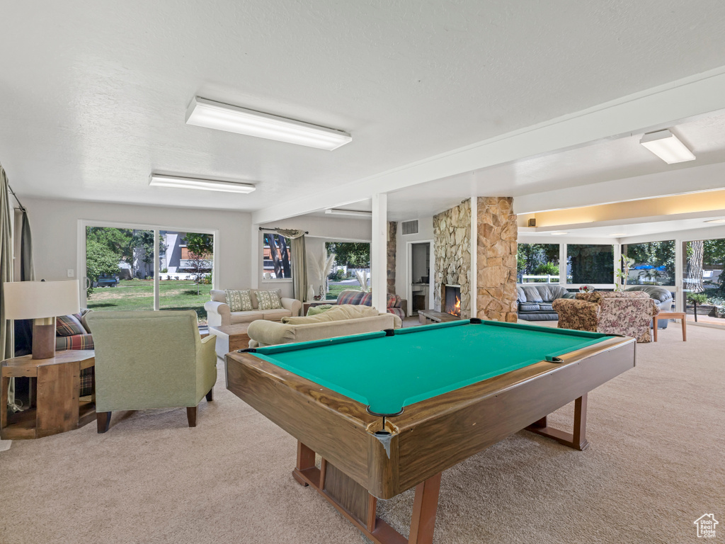 Rec room with carpet flooring and pool table