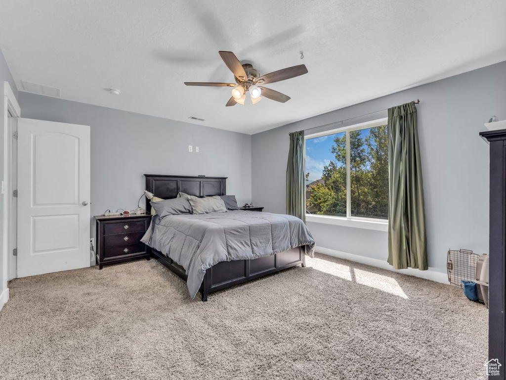 Carpeted bedroom with ceiling fan