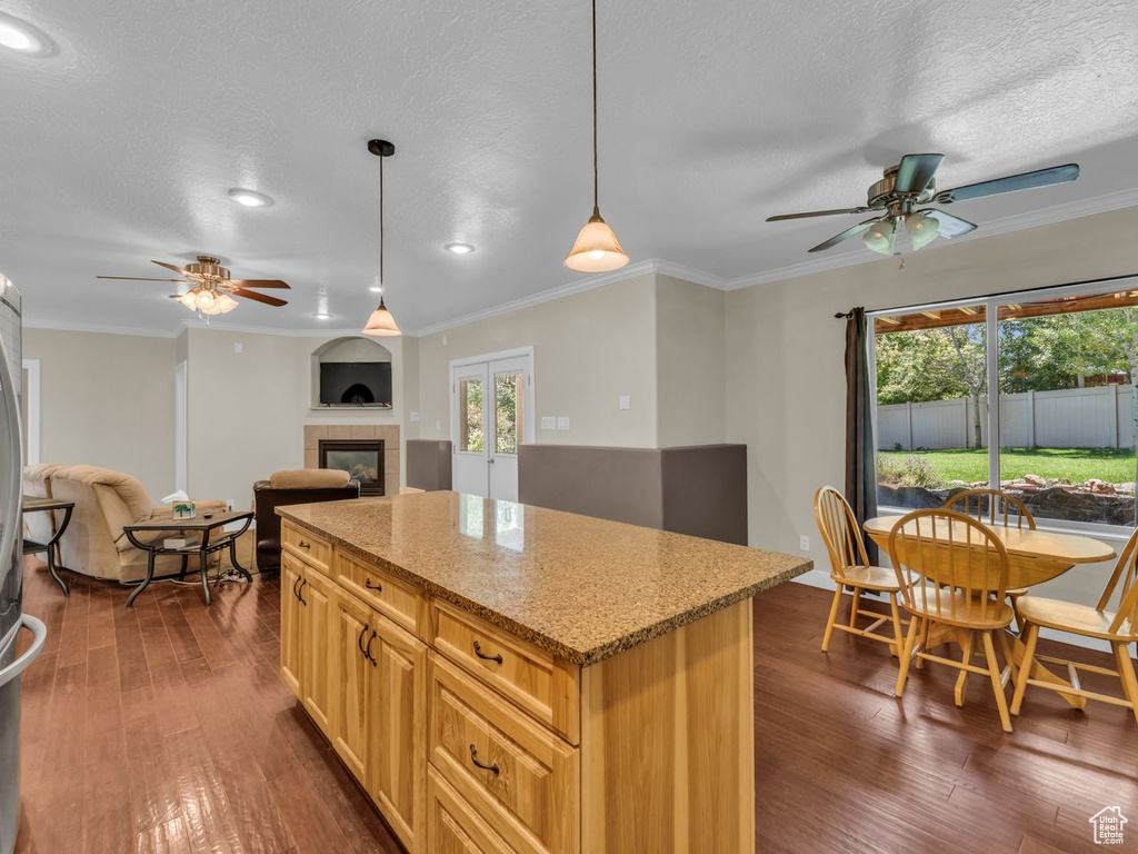 Kitchen featuring a ceiling fan, a fireplace, dark wood-style flooring, crown molding, and recessed lighting