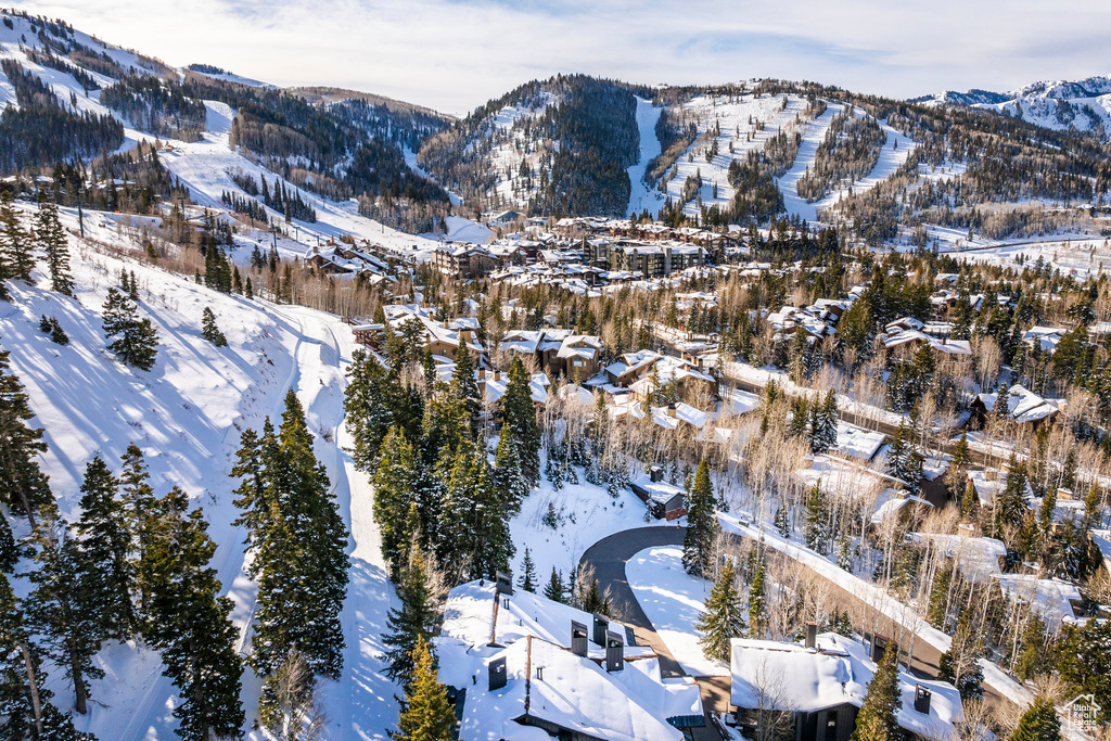 Snowy aerial view featuring a mountain view