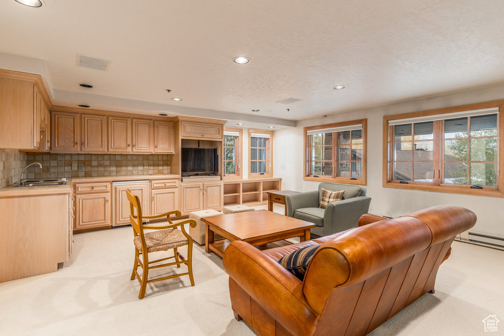 Living area featuring light carpet, recessed lighting, and baseboard heating