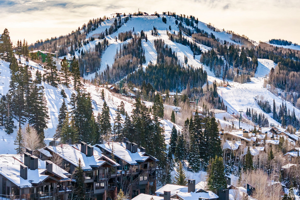 Snowy aerial view featuring a mountain view