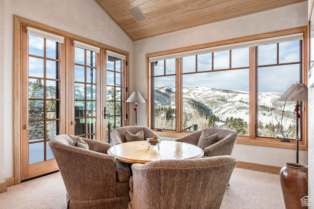 Living area featuring wood ceiling, lofted ceiling, a mountain view, and carpet flooring