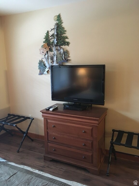 Detailed view of wood finished floors and baseboards