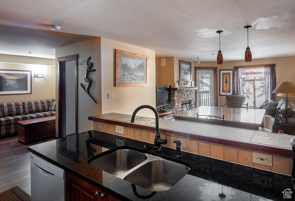 Kitchen with white dishwasher, open floor plan, a fireplace, wood finished floors, and pendant lighting