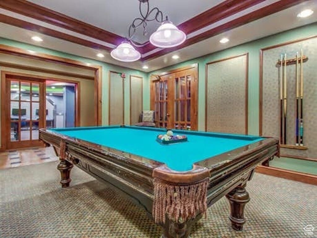 Playroom with french doors, carpet floors, recessed lighting, and billiards