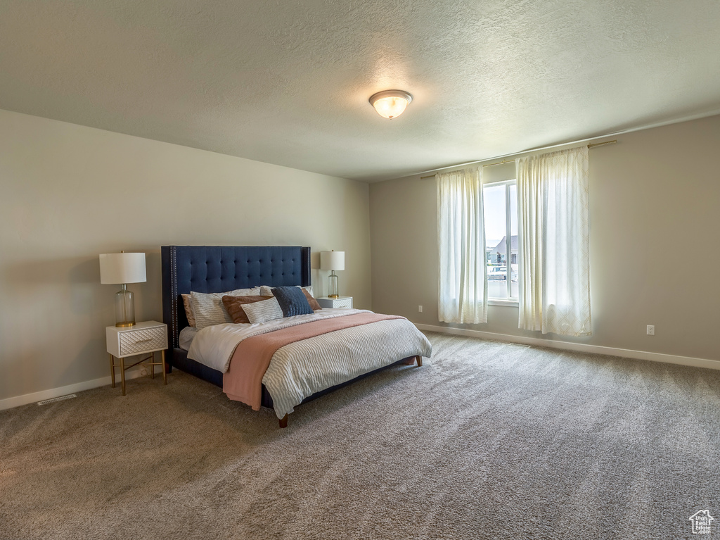 Carpeted bedroom featuring baseboards and a textured ceiling
