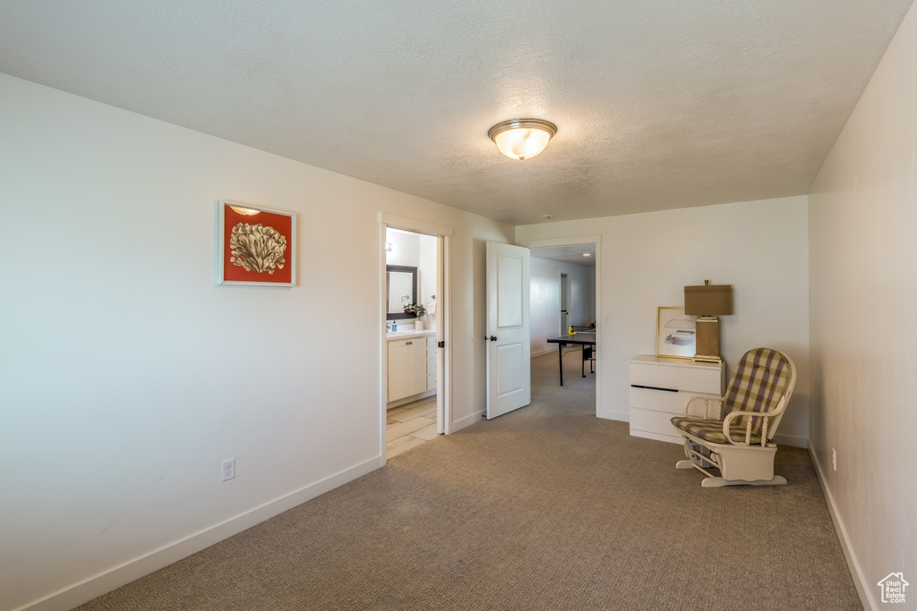 Living area featuring light colored carpet and a textured ceiling