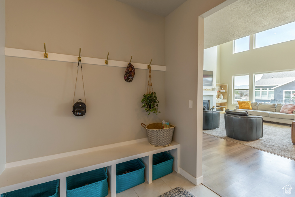 Mudroom featuring a glass covered fireplace