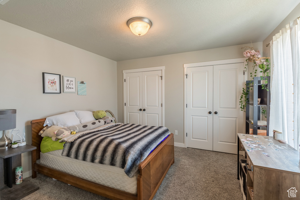 Carpeted bedroom featuring multiple closets and baseboards