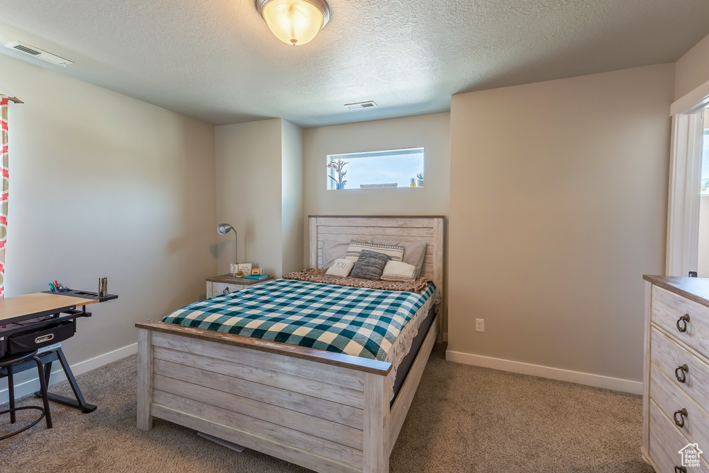Carpeted bedroom featuring a textured ceiling and multiple windows