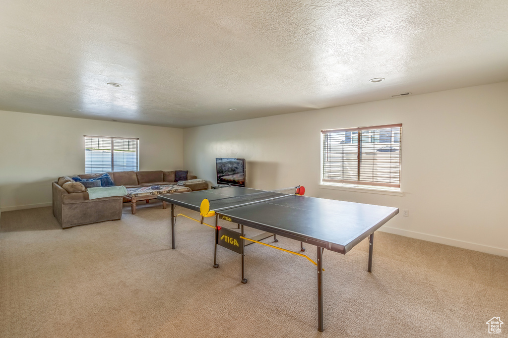 Recreation room with light carpet and a textured ceiling