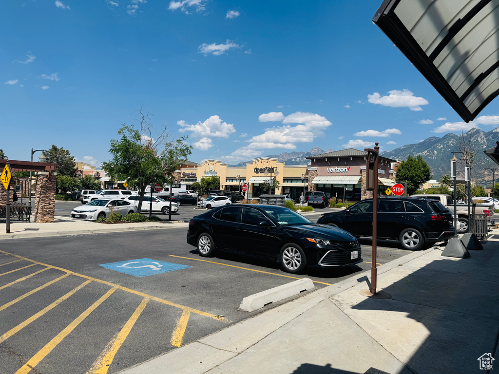 Uncovered parking lot with a mountain view