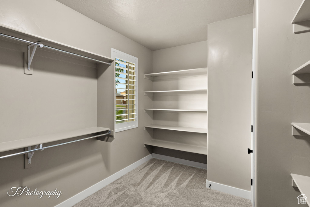Walk in closet with light colored carpet