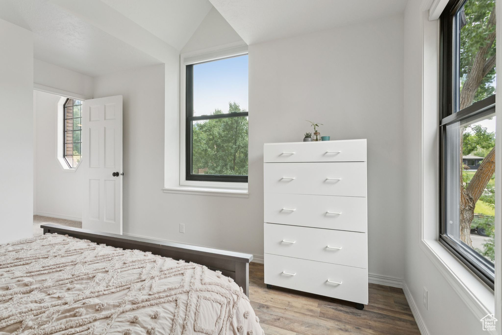 Bedroom featuring multiple windows, wood finished floors, and vaulted ceiling