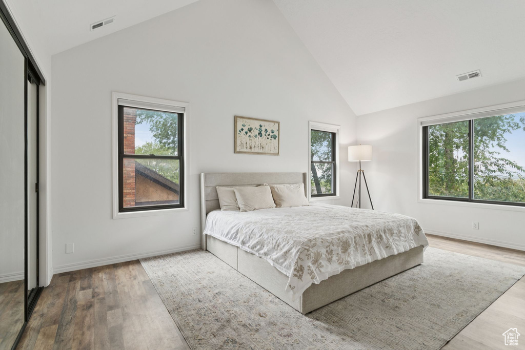 Bedroom with multiple windows, high vaulted ceiling, and wood finished floors