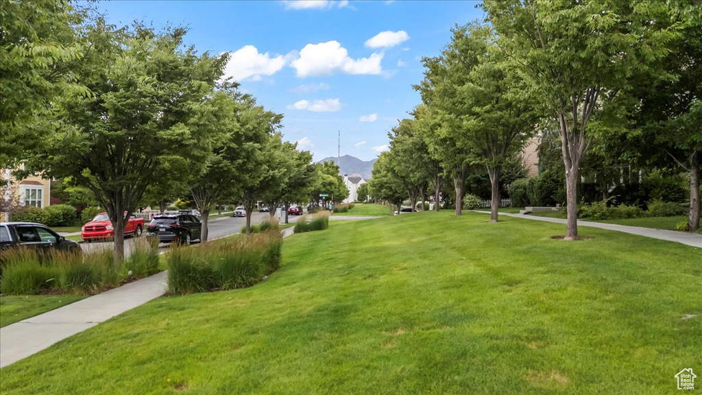 Surrounding community with a lawn and a mountain view