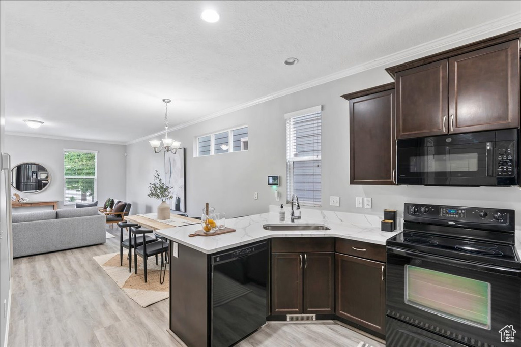 Kitchen featuring black appliances, dark brown cabinets, light wood finished floors, a chandelier, and open floor plan