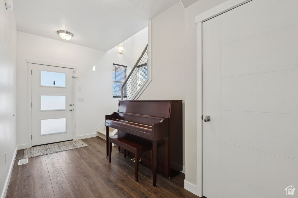 Foyer entrance with dark wood-type flooring and baseboards