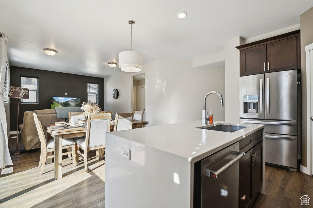 Kitchen featuring stainless steel appliances, dark brown cabinetry, open floor plan, and wood finished floors
