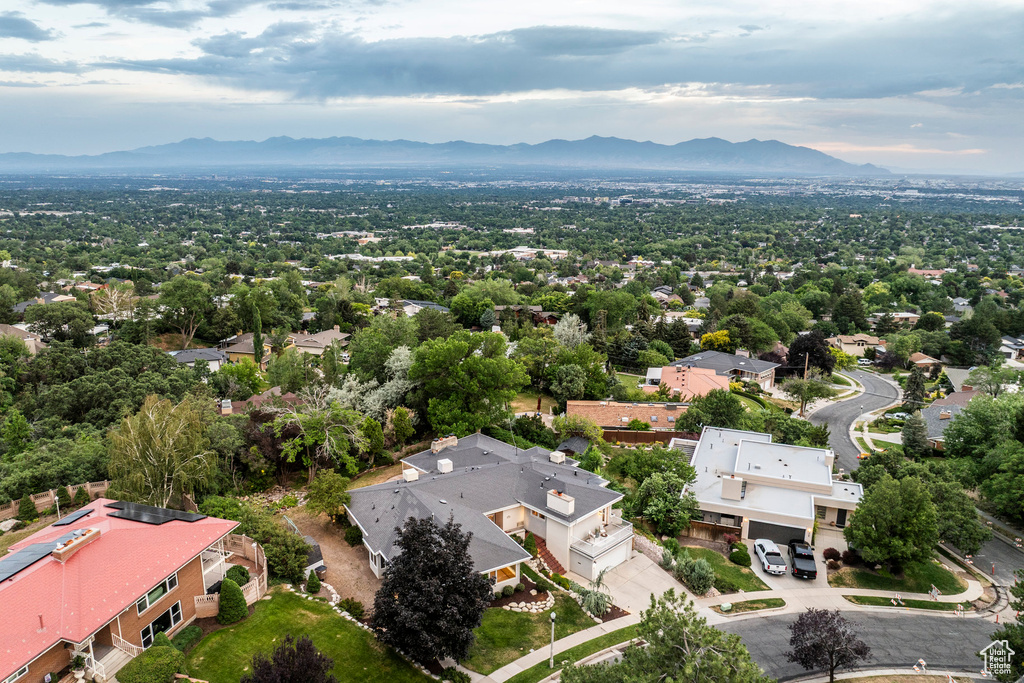 Aerial perspective of suburban area with mountains