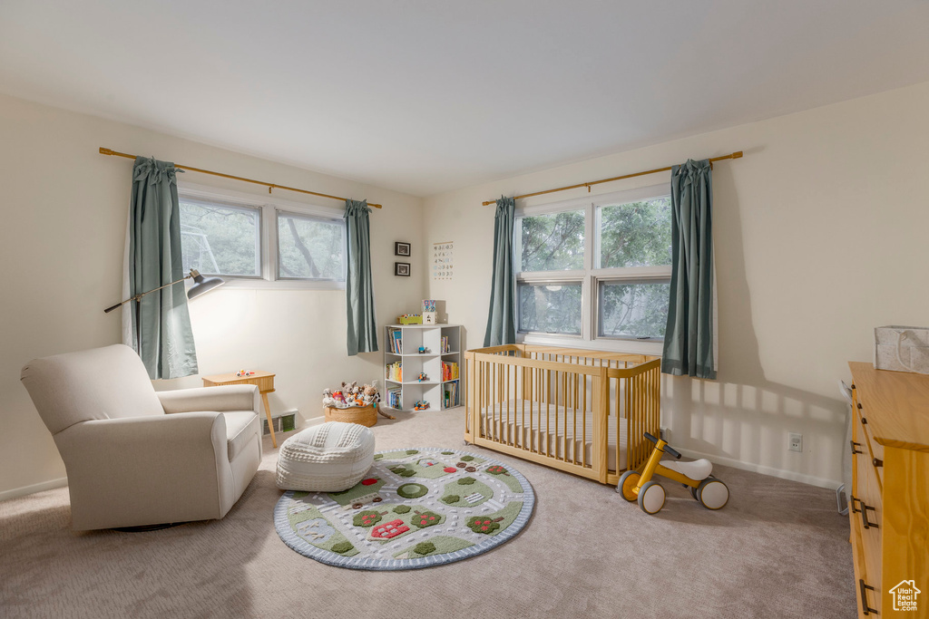 Bedroom with carpet, multiple windows, and a crib
