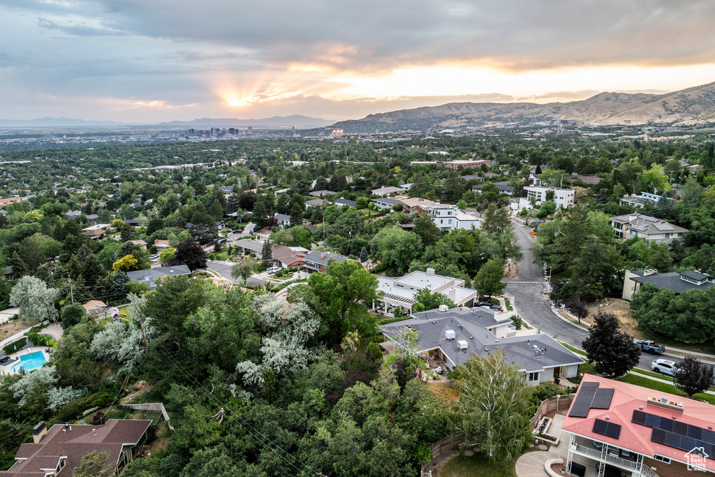 Aerial view at dusk of a mountain view