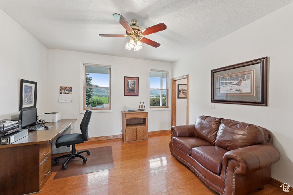 Office area featuring light wood-style flooring and a ceiling fan