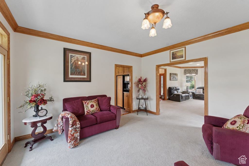 Living area with ornamental molding and carpet