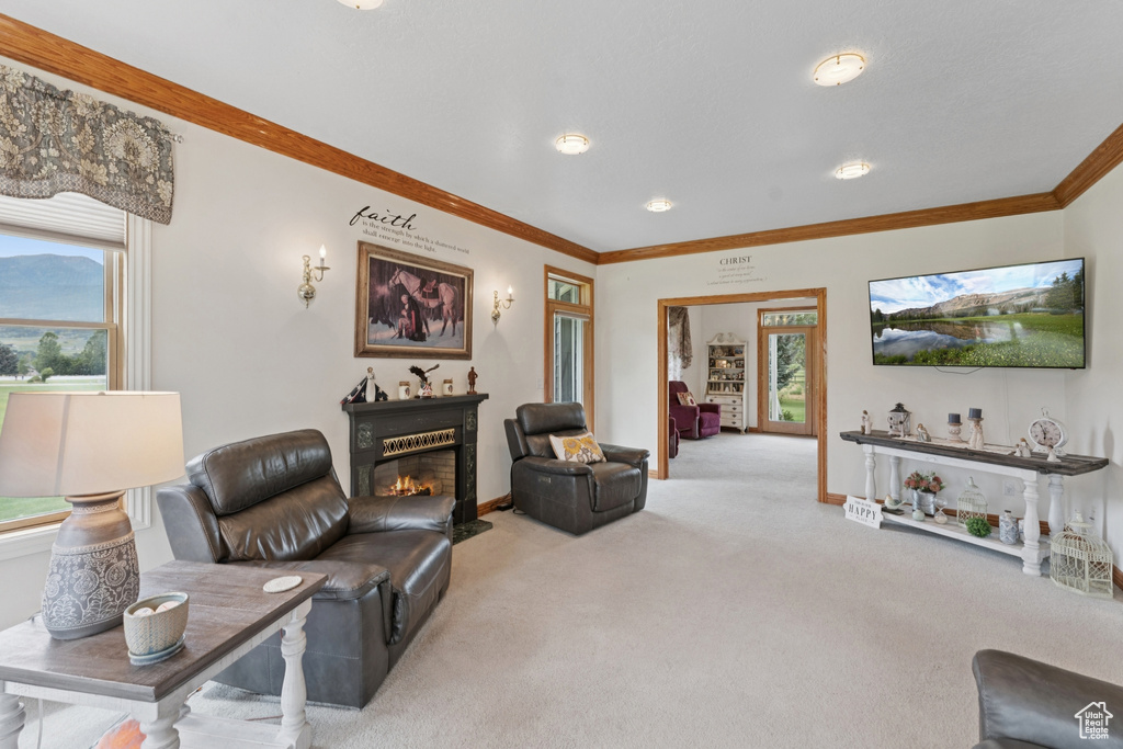 Carpeted living area featuring a glass covered fireplace and crown molding