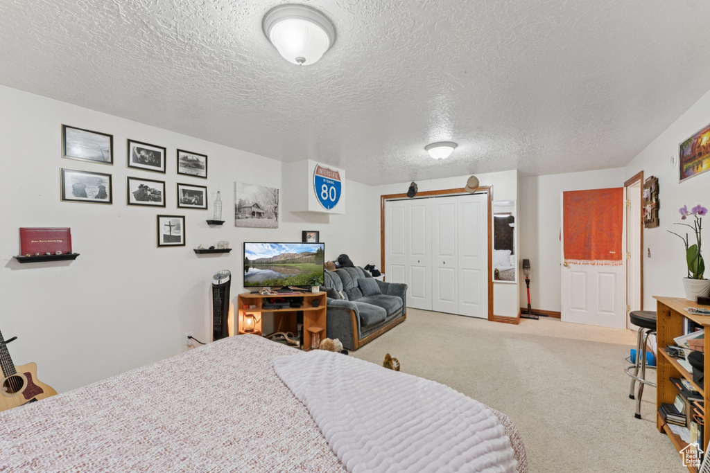 Bedroom featuring carpet floors, a textured ceiling, and a closet