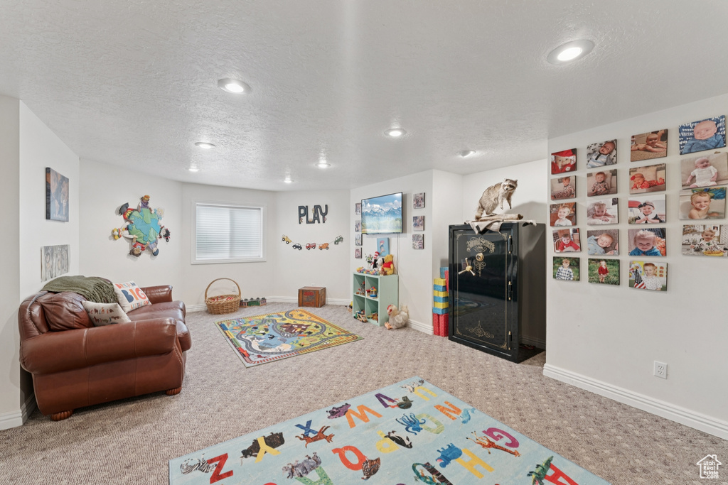 Rec room with carpet flooring, recessed lighting, and a textured ceiling