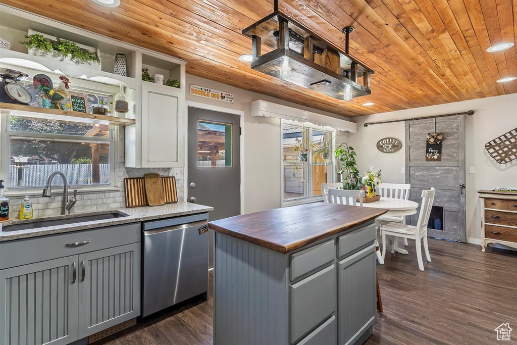 Kitchen with stainless steel dishwasher, gray cabinets, wooden ceiling, butcher block counters, and decorative backsplash