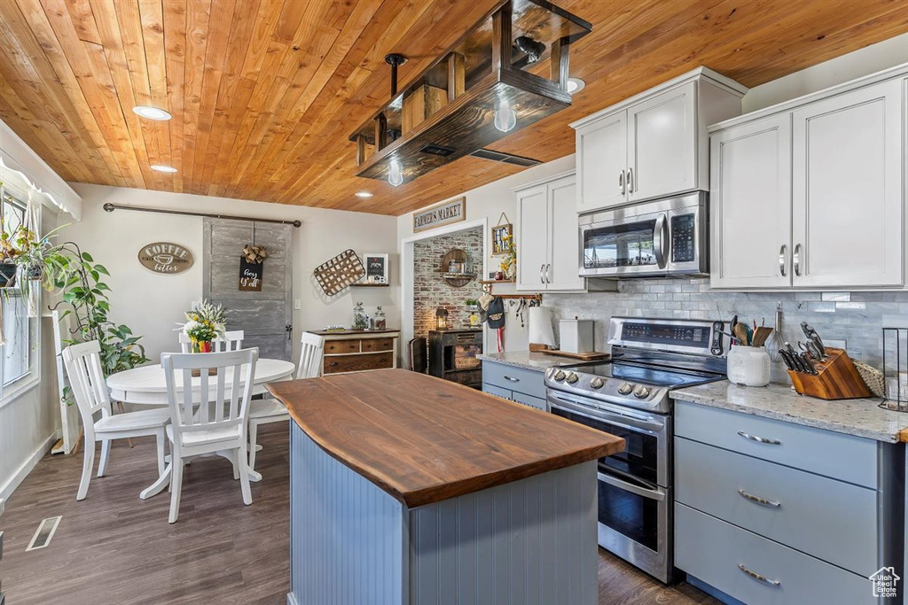 Kitchen featuring stainless steel appliances, butcher block countertops, wood ceiling, backsplash, and a center island