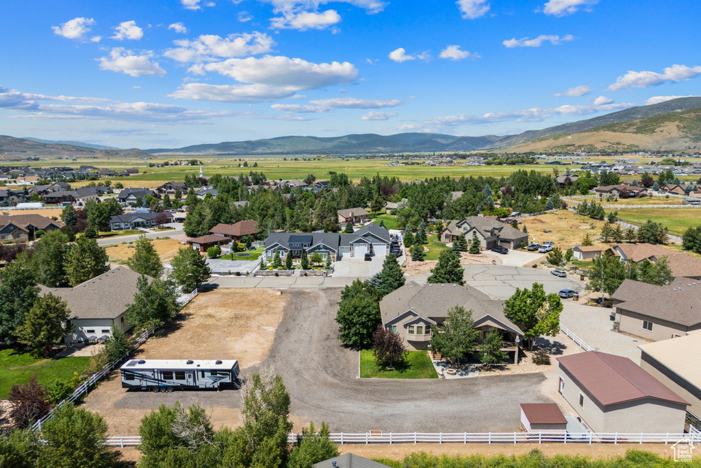 Aerial view of residential area with mountains