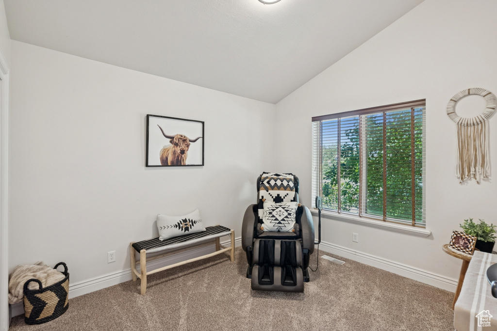 Sitting room with vaulted ceiling and carpet floors